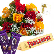 Red N Yellow Treat - 12 Red & Yellow Roses Bunch, Toblerone, 2 Dairy Milk Chocolates + Card