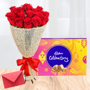 Celebration N Roses - Bunch of 10 Red Roses, Cadbury Celebration + Card