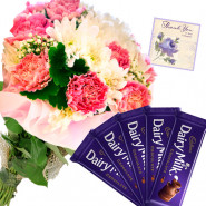 Flowers with Bars - 8 Mix Carnations Bunch, 5 Cadbury Dairy Milk + Card
