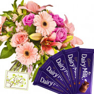 Chocolaty Love - 20 Pink Flowers Bunch, 5 Cadbury Dairy Milk Bars + Card