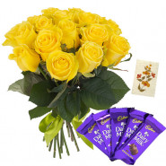 Roses with Cadbury - 10 Yellow Roses, 5 Cadbury Dairy Milk Bars + Card