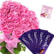 Pink Diary Milk - 15 Pink Roses Bunch, 5 Dairy Milk Bars + Card