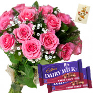 Rosy Crunch - 18 Pink Roses Bunch, 2 Fruit N Nut + Card