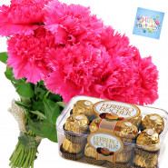 Carnation Ferrero - 10 Pink Carnation Bunch, Ferrero Rocher 16 Pcs + Card