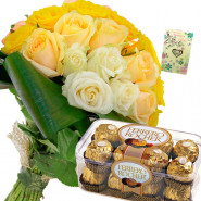 Yellow Sparkle - 6 Yellow & White Roses Bunch, Ferrero Rocher 16 Pcs + Card