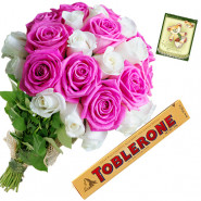 Pink n White Munch - 18 Pink & White Roses, Toblerone + Card