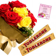 Red N Yellow Toblerone - 18 Red & Yellow Roses Bunch, 2 Toblerone + Card