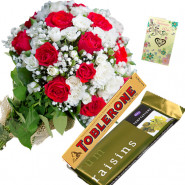 White N Red - 18 Red & White Roses Bunch, Cadbury Temptation, Toblerone + Card