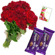 Red Cadbury - Bunch of 20 Red Carnations, 2 Dairy Milk + Card