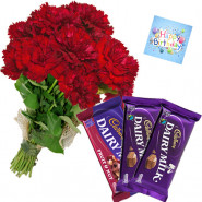 Carnations N Chocolates - Bunch of 16 Red Carnations, Fruit N Nut, 2 Dairy Milk + Card