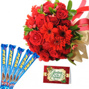 Pink Perk - 16 Red Roses & Gerberas in Bunch, 5 Perk Chocolate Bars + Card