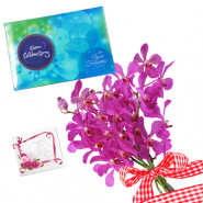 Exotic Celebration - 8 Purple Orchids Bunch, Cadbury Celebrations + Card