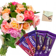 Mix Roses N Nut - 18 Mix Roses Bunch, 2 Fruit n Nut, 2 Dairy Milk + Card