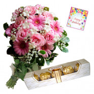 Ferrero N Flowers - 10 Pink Flowers Bunch, Ferrero Rocher 4 Pcs + Card