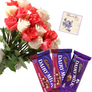 Roses N Bars - 10 Pink & White Roses Bunch, 2 Cadbury Fruit N Nut, Dairy Milk + Card