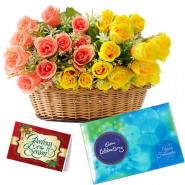 Yellow N Pink - 20 Yellow & Pink Roses Basket, Cadbury Celebration + Card