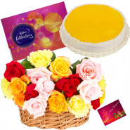 Elegant Treat - 20 Mix Roses in Basket, 1/2 Kg Pineapple Cake, Cadbury Celebration + Card