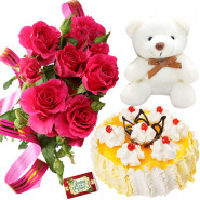 Cute Love - 10 Pink Roses, 1/2 Kg Pineapple Cake, Teddy Bear 6 inch + Card