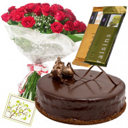 Commendable Choice - 25 Red Roses Bunch, 1 Kg Chocolate Cake,  2 Temptation + Card