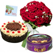 Tender Crunch - 12 Red Roses Bunch, 1/2 Kg Cake, Danish Butter Cookies + Card