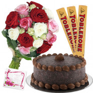Gentle Feelings - 15 Mix Roses Bunch, 1/2 Kg Chocolate Cake, 3 Toblerone + Card