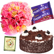 Pleasant Joy - 16 Pink and Yellow Roses Bunch, 1 Kg Black Forest Cake, 2 Fruit n Nut + Card