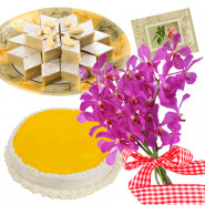 Rare Mix - 6 Orchids in Bunch, 1/2 Kg Pineapple Cake, Kaju Katli + Card