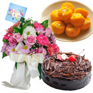 Mystical Joy - 12 Mix Roses Bunch, 1/2 Kg Chocolate Cake,  Kesar Penda + Card