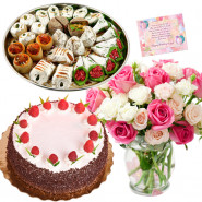 Unbelievable Happiness - 18 Pink and White Roses Vase, 1/2 Kg Strawberry Cake, Kaju Mix + Card