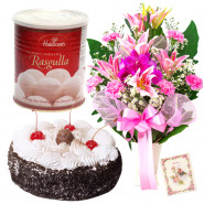 Astonishing Gift - 15 Pink Mix Flowers Vase, 1/2 Kg Black Forest Cake, Rasgulla + Card