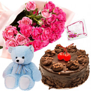 Superlative Wishes - 15 Pink Roses Bunch, 1/2 Kg Chocolate Cake, Teddy Bear 6 inch + Card