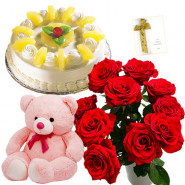 Surpassing Joys - 10 Red Roses Bunch, 1/2 Kg Cake, Teddy Bear 6 inch + Card
