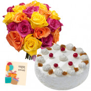 Terrific Treat - 20 Mix Roses Bunch, 1/2 Kg Pineapple Cake + Card