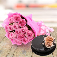Mind Blowing Treat - 10 Pink Roses Bunch, 1/2 Kg Chocolate Cake + Card