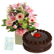 Capable of Happiness - 12 Pink Mix Flowers in a Vase, 1/2 Kg Chocolate Cake + Card
