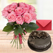 Fine Treat - 10 Pink Roses, 1/2 Kg Chocolate Cake + Card