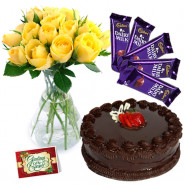 Gorgeous Feelings - 10 Yellow Roses Vase, 1/2 Kg Cake, 5 Dairy Milk + Card
