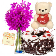 Expert to Impress - 6 Purple Orchids Bunch, 1/2 Kg Black Forest Cake, Teddy Bear 6 inch + Card