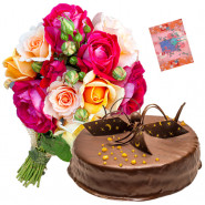 Suitable to All - 15 Mix Color Roses Bunch, 1/2 Kg Chocolate Cake + Card