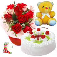 Appropriate Approach - 10 Red Roses in Vase, 1/2 Kg Vanilla Cake, Teddy Bear 6 inch + Card