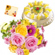 Make You Happy - 15 Yellow Roses and Pink Gerberas Bunch, 1/2 Kg Pineapple Cake + Card