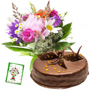Moral of Joy - 15 Mixed Flowers Bunch, 1/2 Kg Chocolate Cake + Card