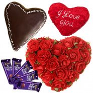 Praiseworthy Combo - 30 Red Roses Heart shape Arrangement, 1.5 Kg Chocolate Cake Heart Shape, Heart Shape Pillow, 5 Dairy Milk + Card