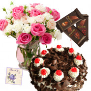 Commendable Presents - 20 Pink and White Roses in Vase, 1/2 kg Cake, 3 Bournville + Card