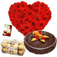 Pure Affection - 50 Red Roses in Heart Shaped Arrangement, 1/2 kg Chocolate Cake, Ferrero Rocher 16 pcs + Card