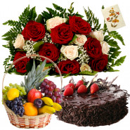 Obligating Treat - 15 Red and White Roses Bunch, 1/2 Kg Cake, 3 Kgs Fresh Fruits Basket + Card