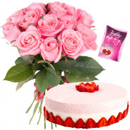 Generous Treat - 12 Pink Roses Bunch, 1/2 Kg Strawberry Cake + Card