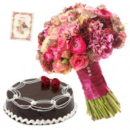 Right Feeling - 15 Pink Roses and Carnations Bunch, 1/2 Kg Chocolate Cake + Card