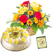 Substantial Gift - 15 Mix Flowers Basket, 1/2 Kg Cake + Card