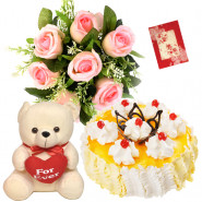 Significant Difference - 6 Pink Roses Bunch, 1/2 Kg Pineapple Cake, Teddy Bear 8 inch + Card